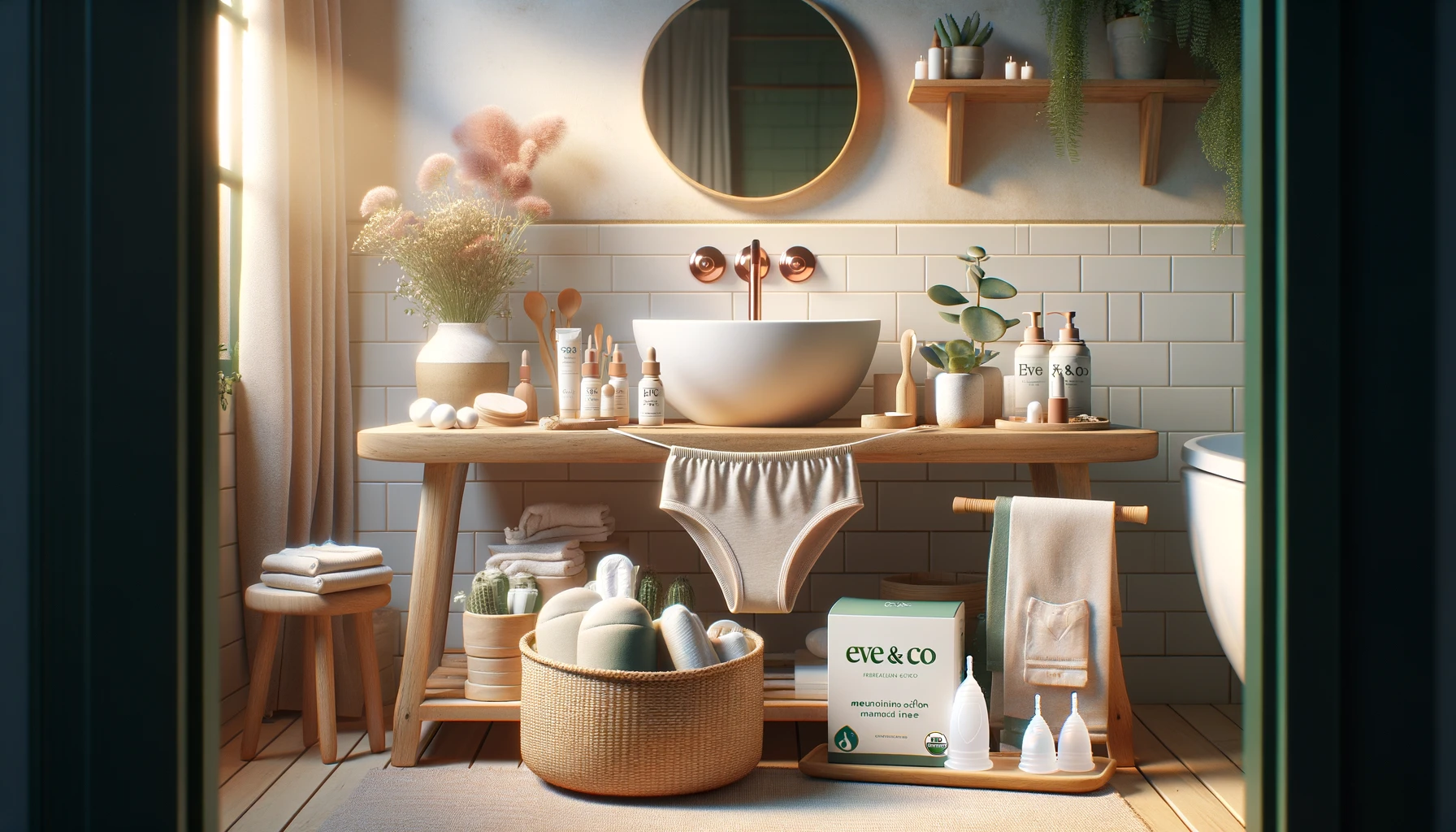 EVE & CO's menstrual products displayed in a serene bathroom setting, highlighting eco-friendly living