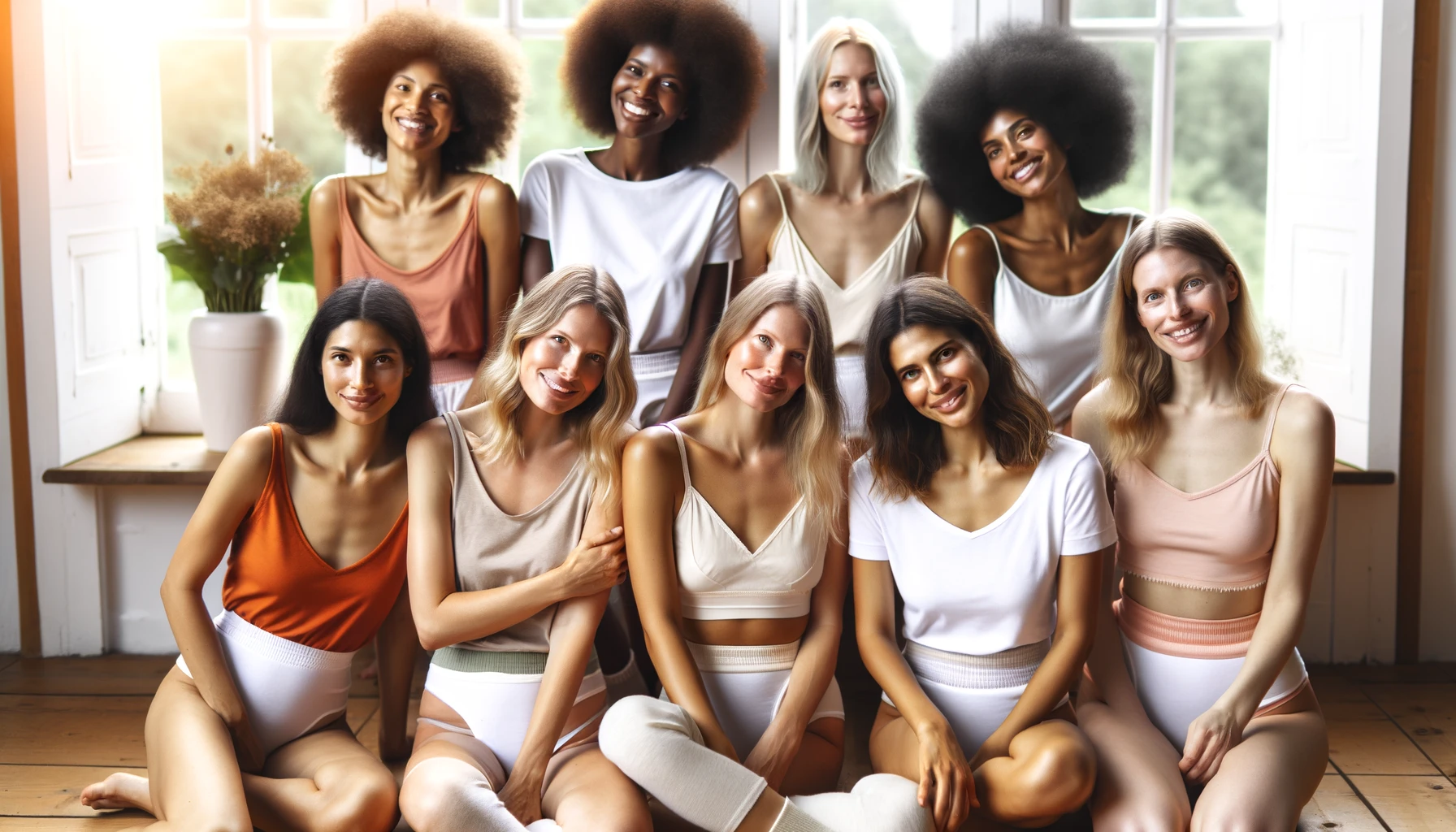 Diverse group of women wearing EVE & CO's sustainable menstrual underwear, symbolizing inclusivity and comfort